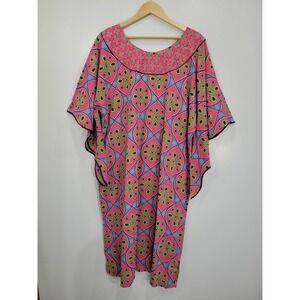 Vintage Style Pink Floral Kaftan Dress Angel Sleeve Geometric Print Midi OS